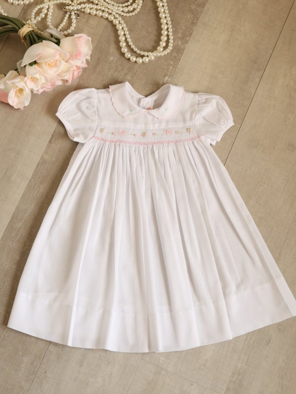 White Smocked Portrait Gown Vintage Duck Scalloped Collar 3 Month RARE FIND